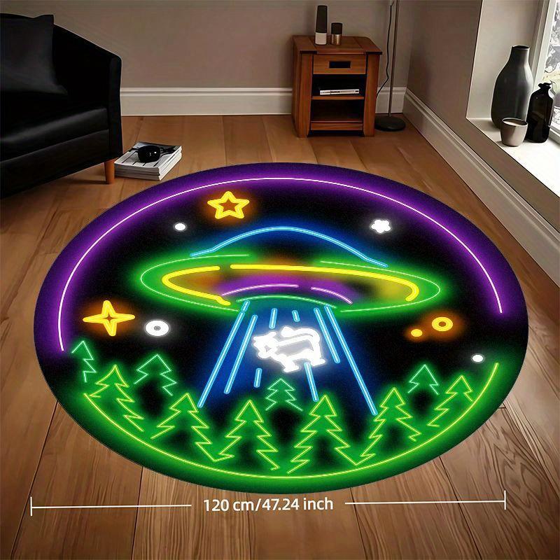 Neon UFO Alien Abduction Round Rug Sci Fi Fantasy Flannel Mat Kids Bedroom Game Room Futuristic Glow In Dark Themed Floor Art