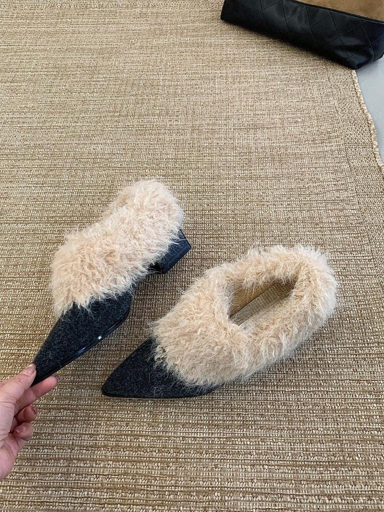 Premium pointed curly small leather shoes retro one-pedal fluffy single shoes middle heel family thermal cotton shoes
