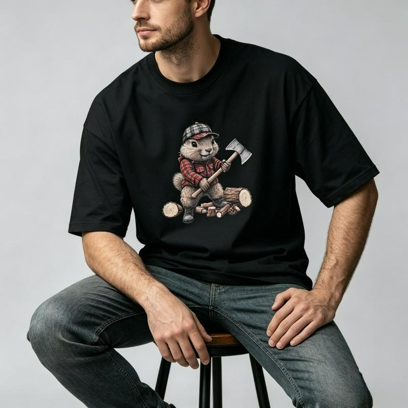 Summer Squirrel Lumberjack Print Unisexs Tshirt Simple Versatile Short Sleeve Black White Tops