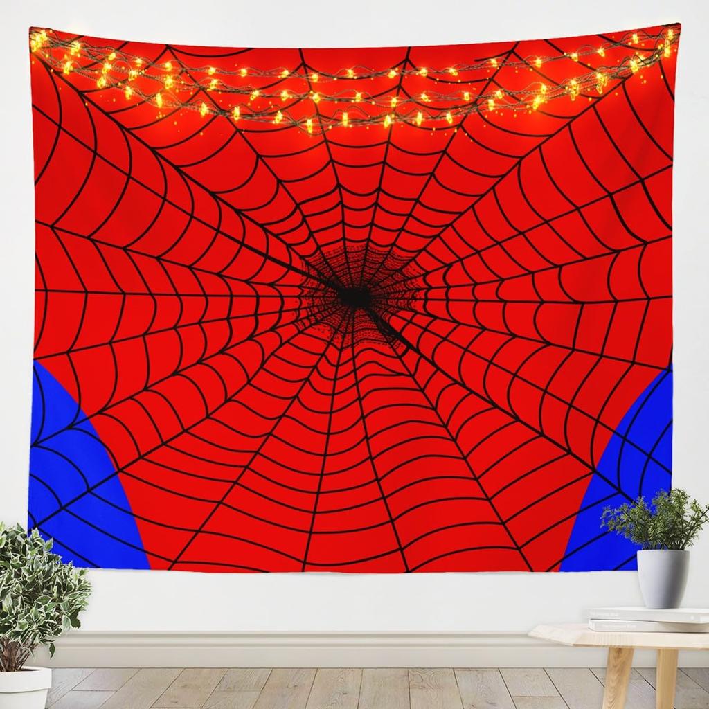 Spider Web Tapestry, HD Print with Red & Blue Web Pattern & Black Spider, Wall Decor for Bedroom, Cool Bohemian Style