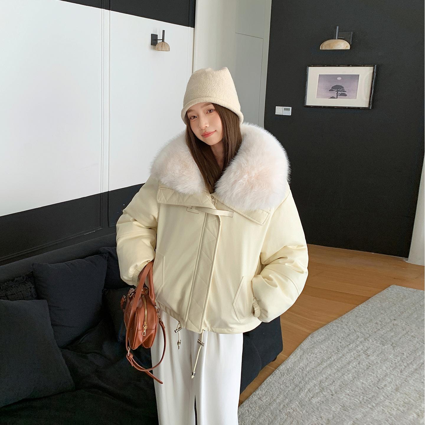 

Женская короткая свободная замшевая куртка с бронзовым напылением и большим меховым воротником для зимы XXL бежевый