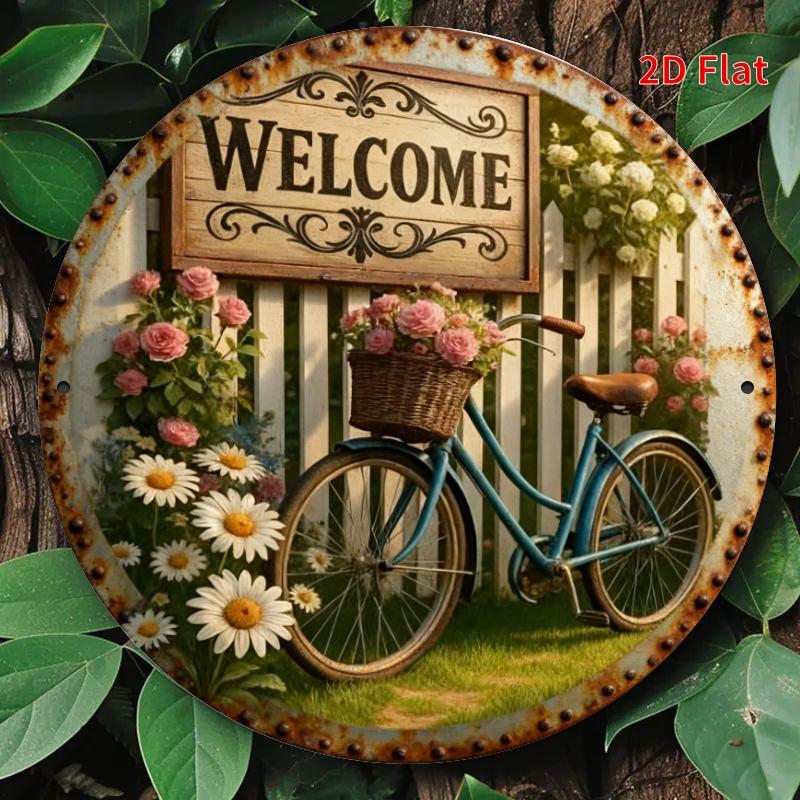 Vintage Welcome Floral Bicycle D Flat Round Metal Wall Sign