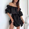 New, autumn fashion casual solid color one-word shoulder waist dress women's clothing