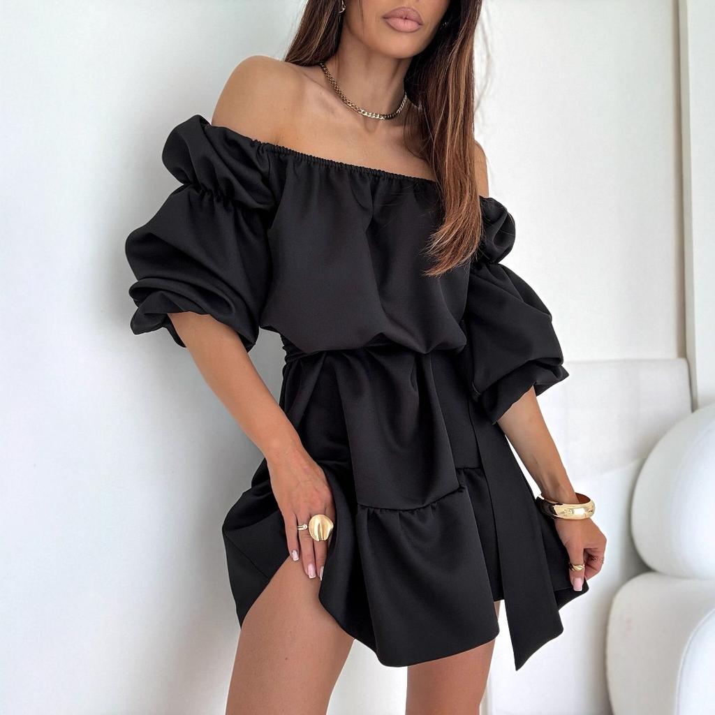 New, autumn fashion casual solid color one-word shoulder waist dress women's clothing