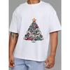 Camiseta Branca Árvore de Natal Feita de Controles de Jogo Estampa Gráfica Roupa Casual para Gamers Temporada de Festas Presente