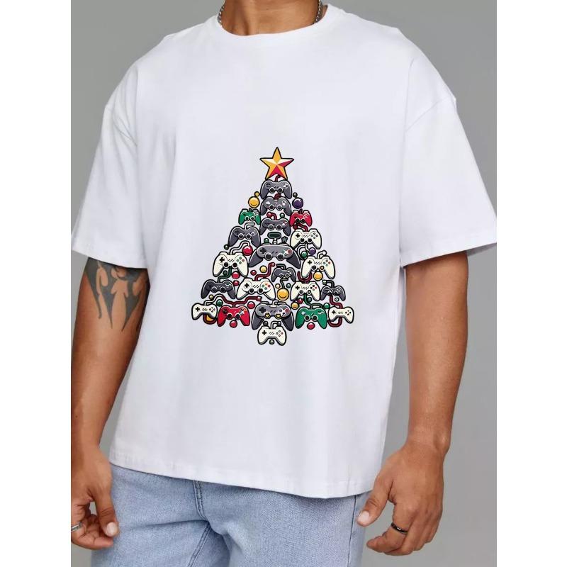 White T Shirt Christmas Tree Made of Game Controllers Graphic Print Casual Wear for Gamers Holiday Season Gift