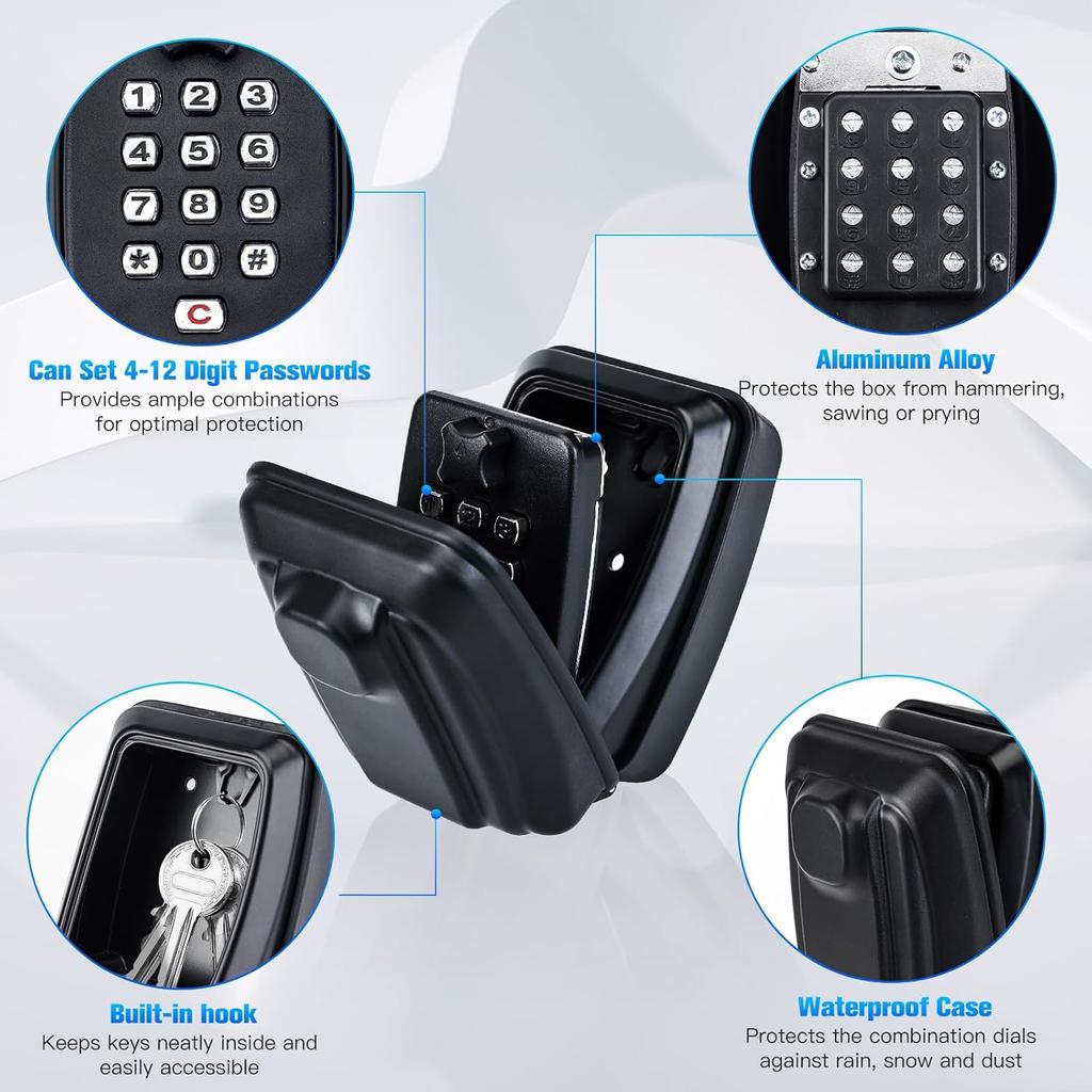 Key Lock Box for Outside, Key Safe Wall Mounted Outdoor Waterproof Extra Large Key Box 12-Digit Combination Key Storage Box with Weatherproof Cover