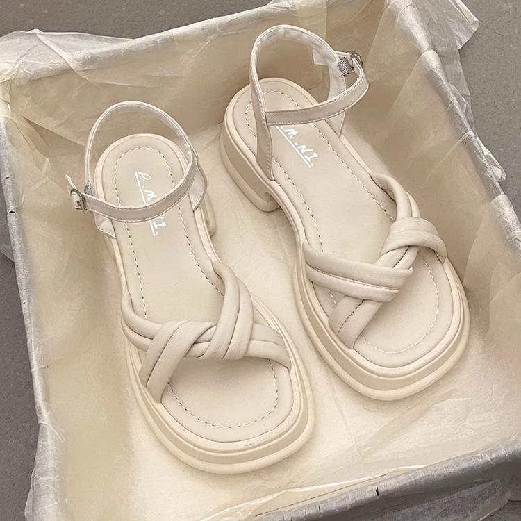 Popular thick-soled Roman sandals women's summer outer wear fairy style 2025 new French high-end thick-heeled beach shoes