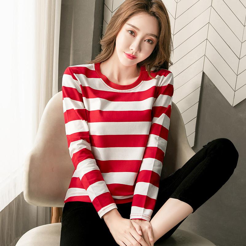 Frühling Herbst Langarm Oberteil Damen Tragbares Streifen T-Shirt Bequeme Basisschicht Vielseitige Damenbekleidung