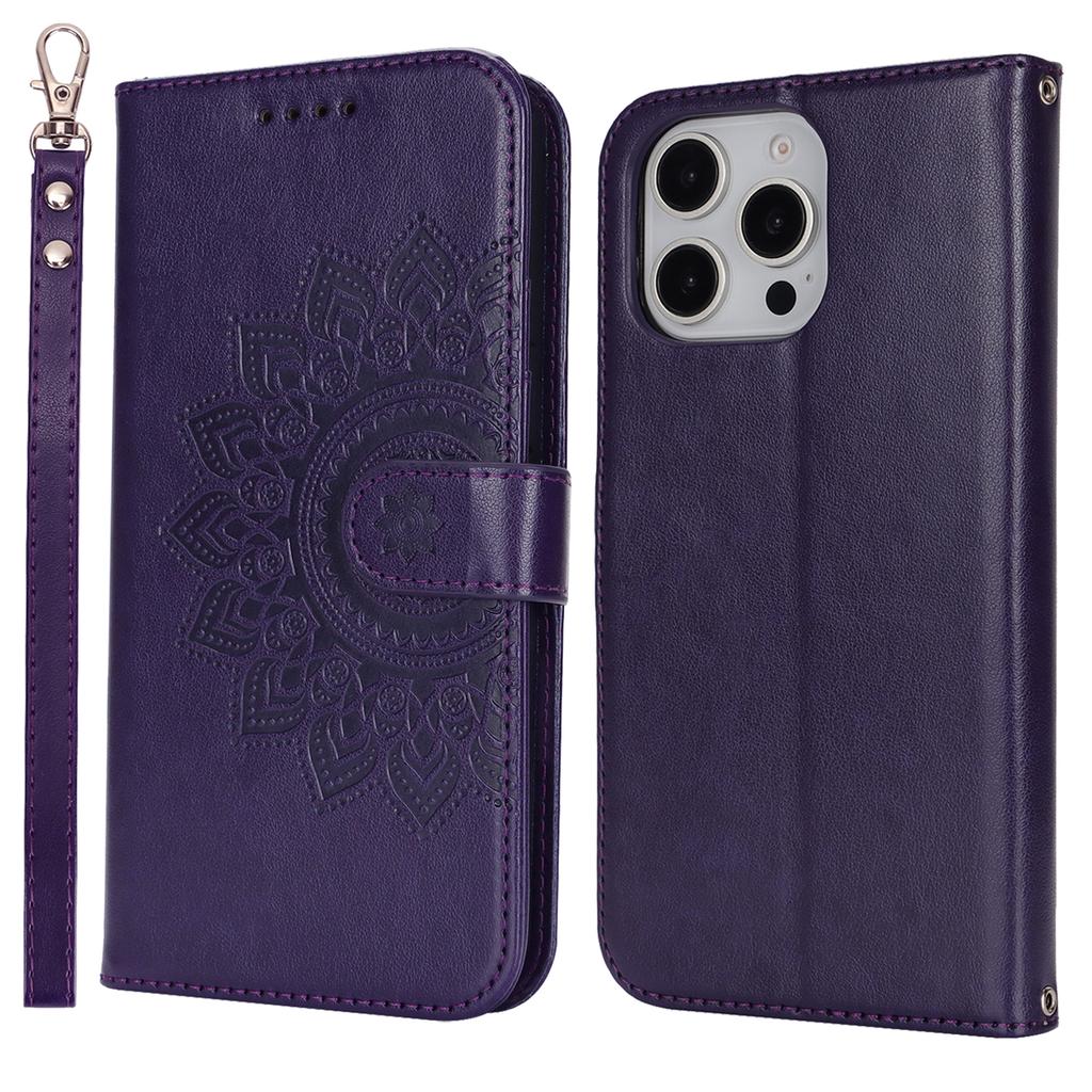 For iPhone 16 Pro Stand Case Textured Leather Wallet Phone Cover with Strap