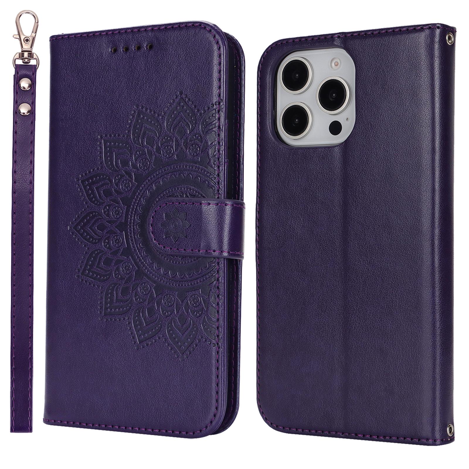 

For iPhone 16 Pro Max Stand Case Textured Leather Wallet Phone Cover with Strap E