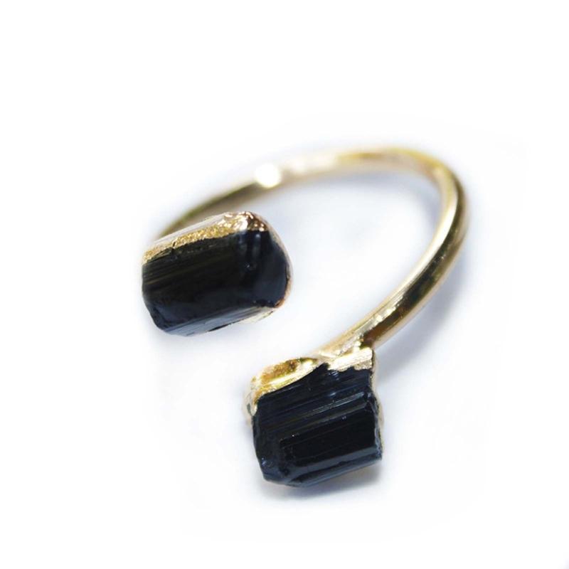 Unregelmäßiger Roher Stein Offener Ring für Damen Goldfarben Beschichtet Roher Turmalin Finger Schmuck Schwarzer Turmalin Verstellbar