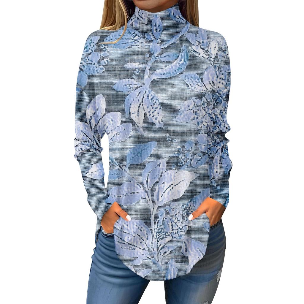 Tee Shirts For Women Fall Casual Long Sleeve Shirts Sweatshirt Vintage Printed High Neck Top Pullover