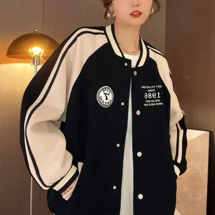 

Women s Color Block Baseball Jacket - Spring/Autumn 2023 Korean Academy Style, Unique Casual Outerwear 3XL