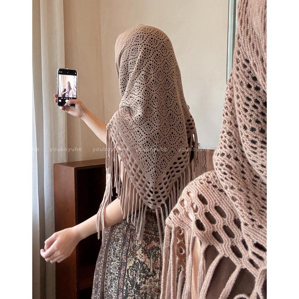 Three-Way Bohemian Bandana Shawl with Tassel Accent for Women