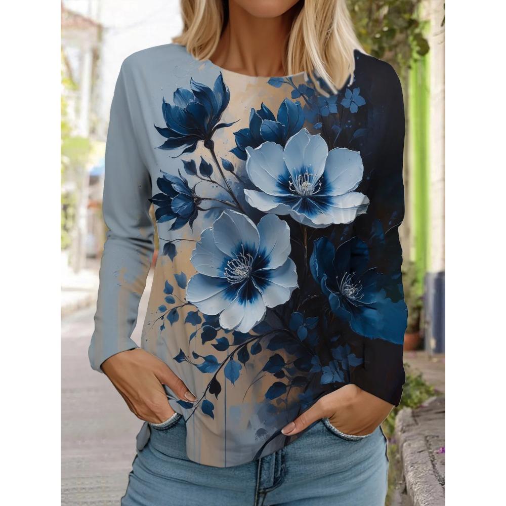 Women's 3d Printed Flower T-shirt Fashion Long-sleeved Round Neck Regular Tops Holiday Weekend Spring Autumn T-Shirt