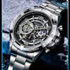 ABORNI Luxury Men's Skeleton Watch Business Multifunctional Quartz Watches Fashionable Hollow Stainless Steel Waterproof Luminous Male Wristwatch