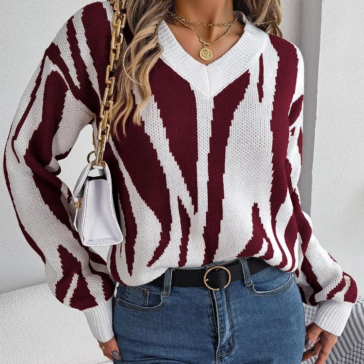 Loose Knitwear Vintage Cardigan Sweater Long Sleeve V Neck Autumn Winter Color Print Top