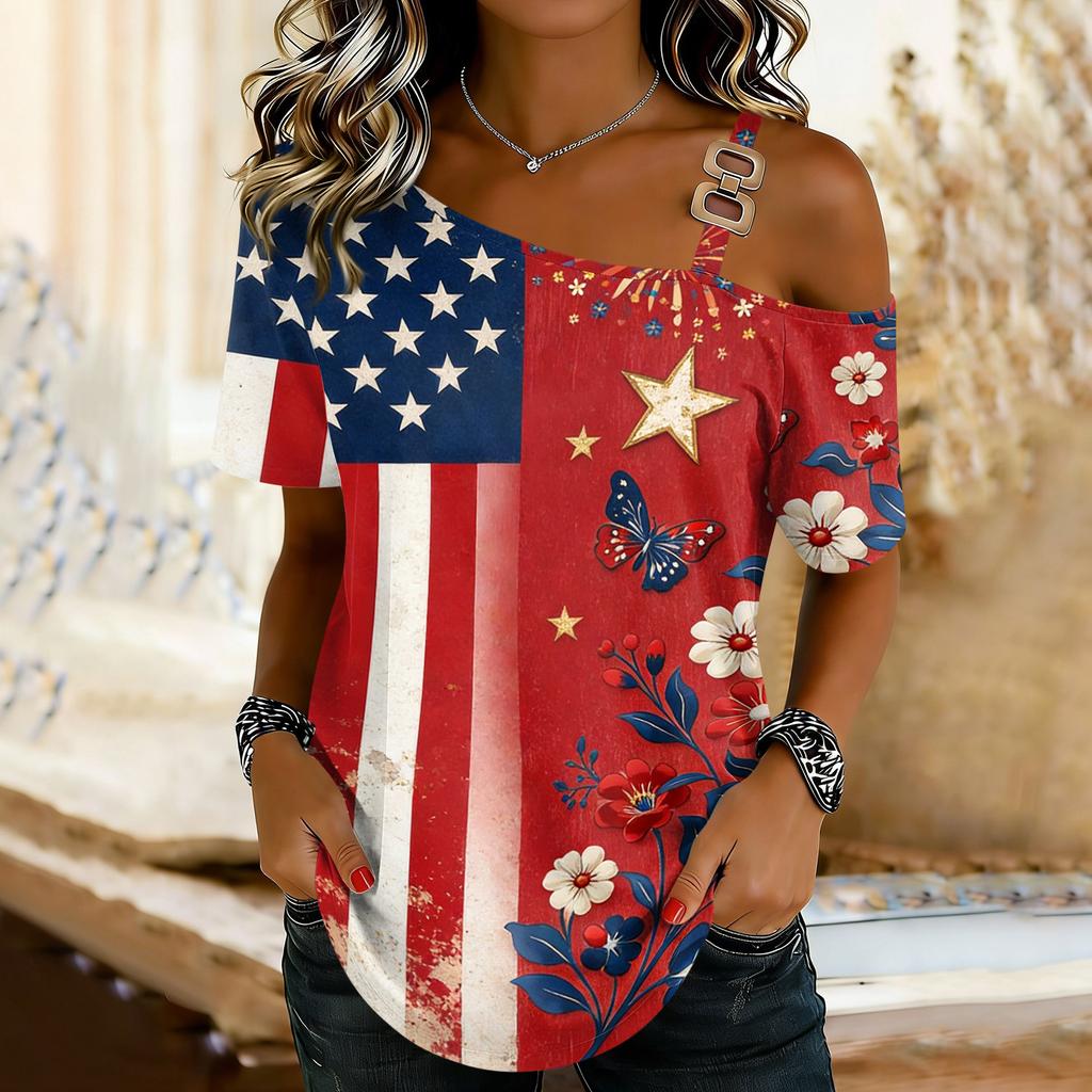 Damenmode Casual Print Sexy schulterfreies Kurzarm-T-Shirt-Oberteil