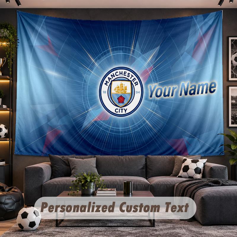 Manchester City Personalized Tapestry Support Custom Name, Wall Art Home Decoration