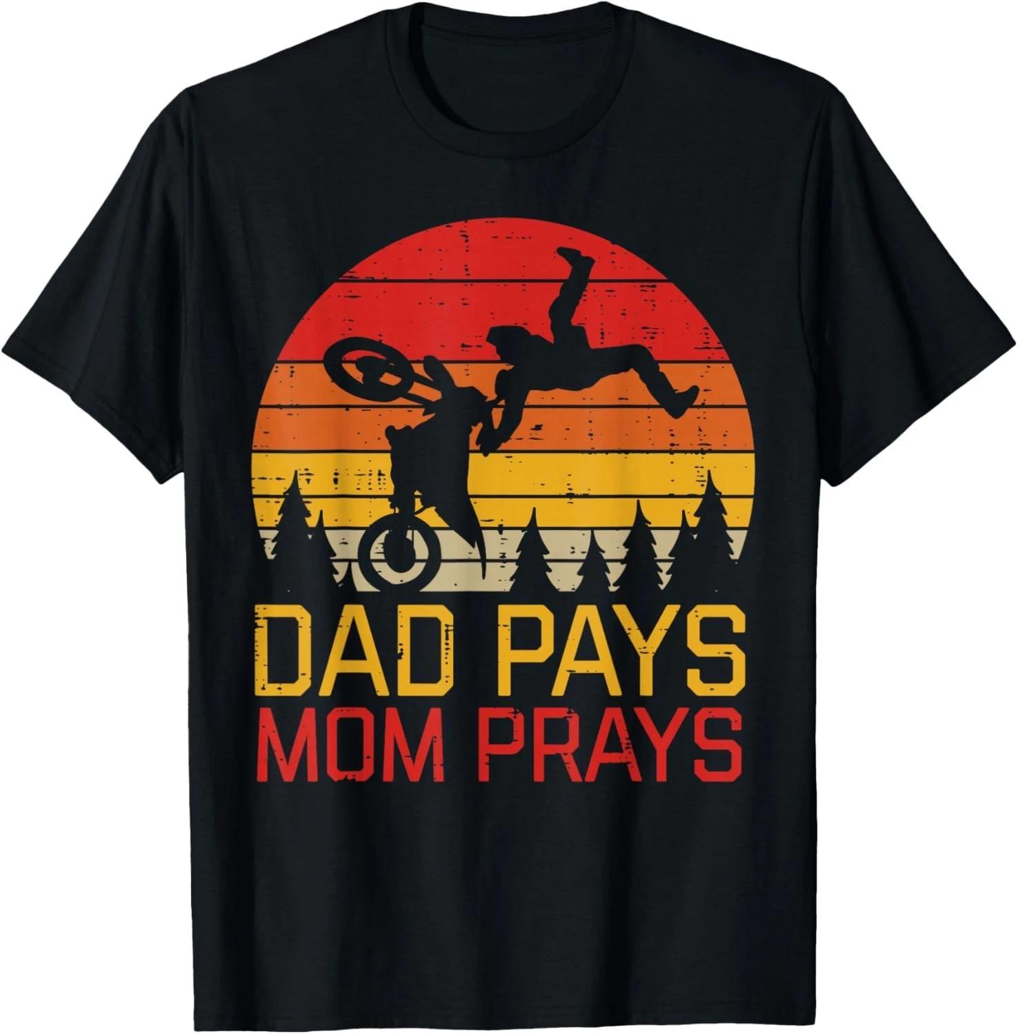 

Dad Pays Mom Prays Dirt Bike Retro Motocross Boys Kids T-Shirt L