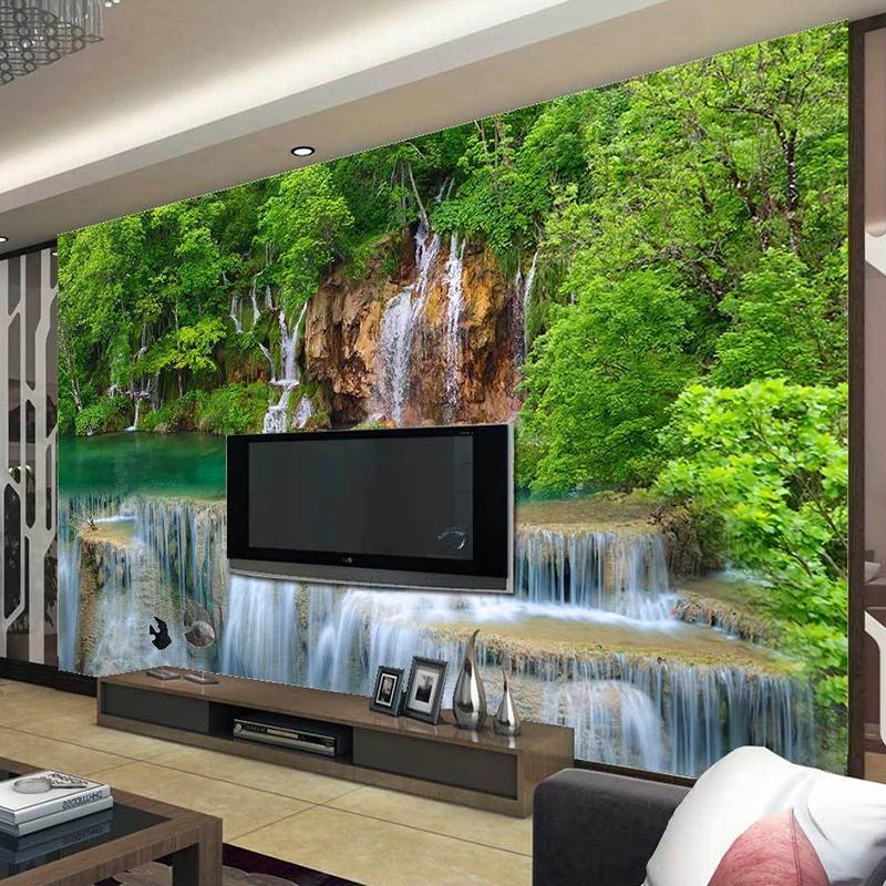 Grüner Wald 3D Tapete Wasserfall Landschaft Wandbild Tapeten für Wohnzimmer Sofa TV Hintergrund Home Decor