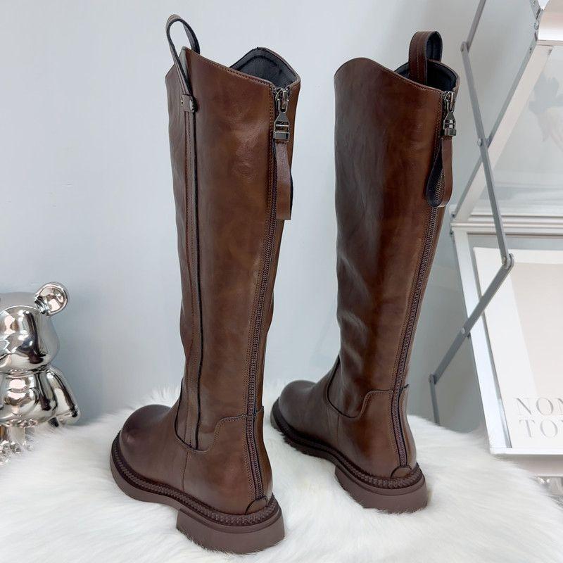 Lange Stiefel Damen Flacher Boden Höhenverstellbar Herbst Neu Britischer Stil Hoher Schaft Dünn Reißverschluss Hinten Ritterstiefel
