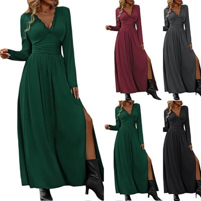 Women's Fashionable Casual Solid Color Lace V-Neck Slim Fit Long Sleeved Dress