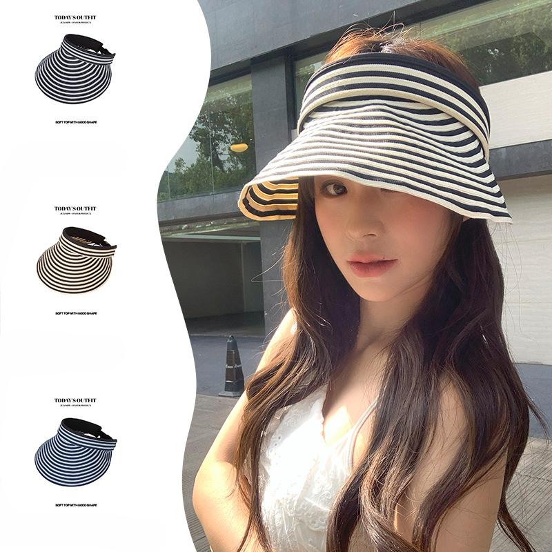 New Summer Black and White Striped Large Brim Sun Protection Hat for Women In Summer Foldable Casual and Versatile Sun Protection Hat