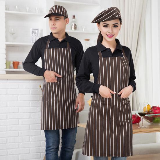 Waterproof Cleaning Bib Apron Stripe Design Adjustable Polyester Cotten Apron with Tool Pockets for Men Women Oil Stain Resistant Chef Apron