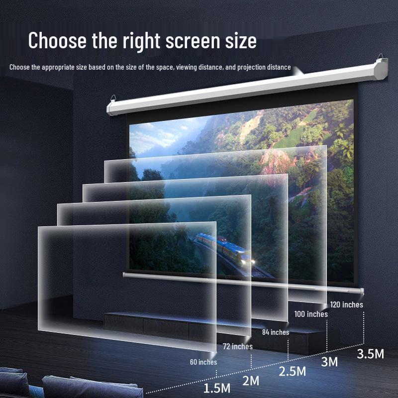 Electric HD Projection Screen: Wall/Ceiling-Mount, Retractable, Remote-Controlled, Voice-Activated, Light-Resistant for Office/Conference Use.