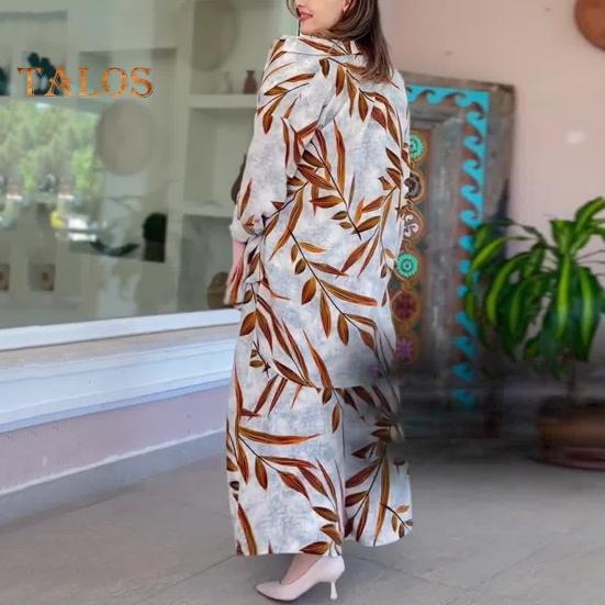 2-teiliges Set mit Hemd und Hose für Damen, Umlegekragen, einreihig, Blätterdruck, lange Ärmel, lockeres Oberteil in mittlerer Länge, elastische Taille, Hose mit weitem Bein, Sport