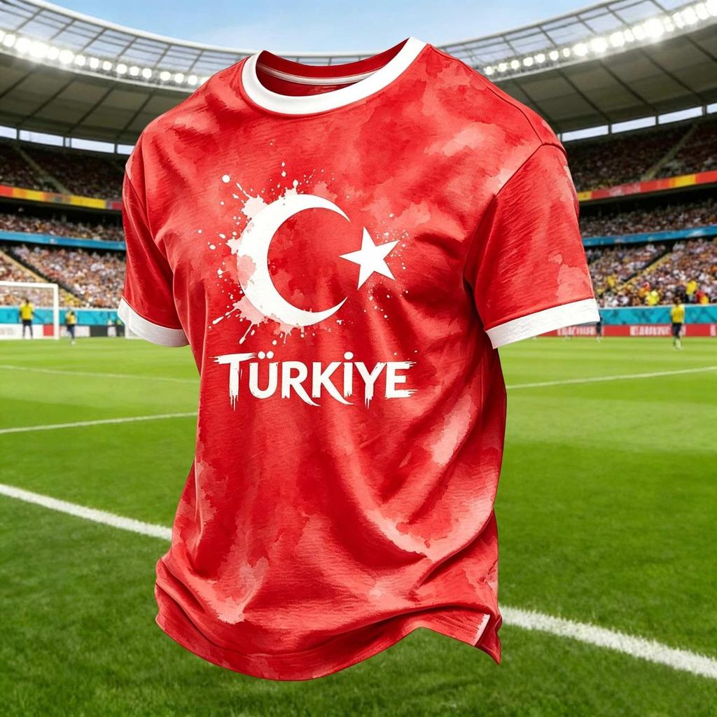 Men's Casual Crew Neck Short Sleeve Pullover T-Shirt Football Fan Top Turkey National Team Inspired Design Comfortable Fit