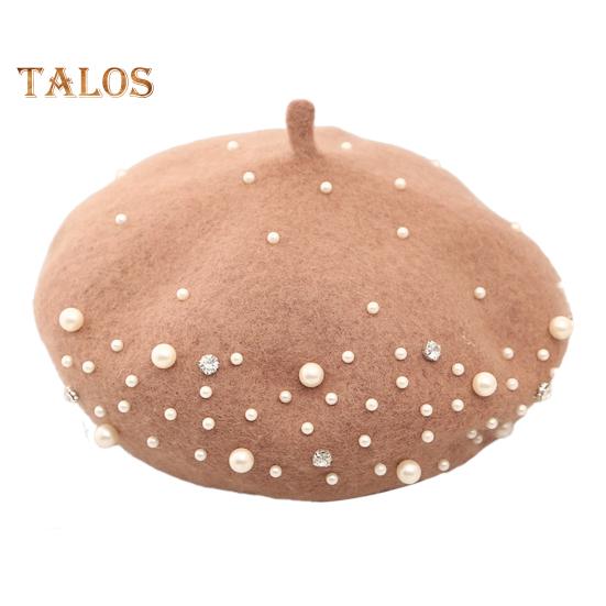 Women Beret Faux Pearl Rhinestone Decor Vintage English Style Woolen Hat No Brim Solid Color Adjustable Straps Pumpkin Cap