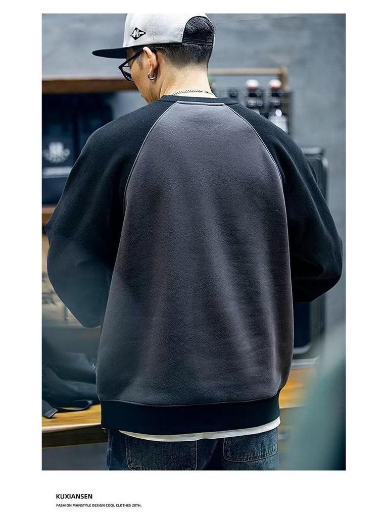 Men's Plus Size Color Block Heavyweight Hoodie - Casual Autumn/Winter Trendy Round Neck Pullover