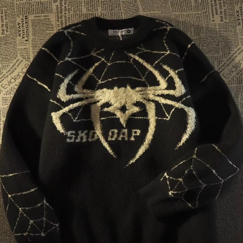 City Boy Spider Jacquard Rundhals Strickpullover Lockerer Schnitt Streetwear Herren Damen Winter