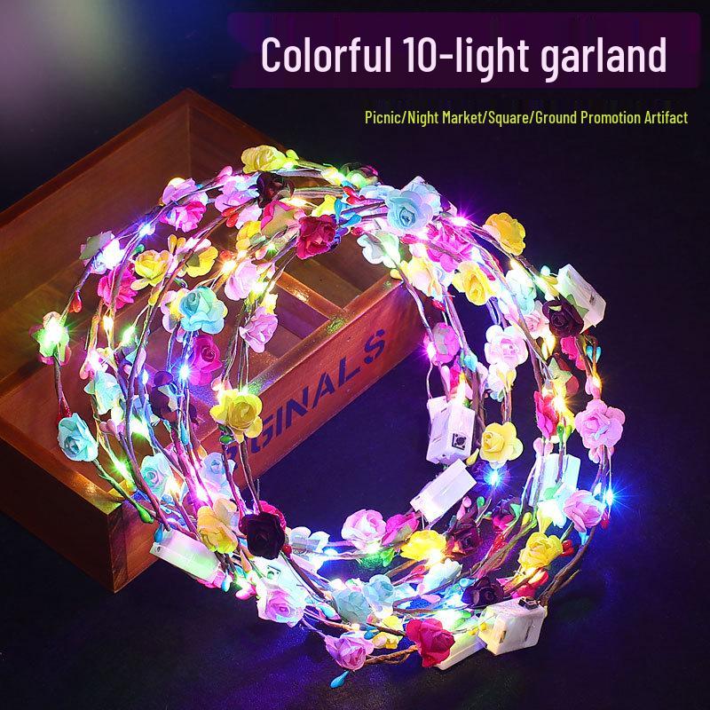 LED Light-Up Princess Headband: Colorful Feather Rabbit Ears with Glittering Gold Wire Garland