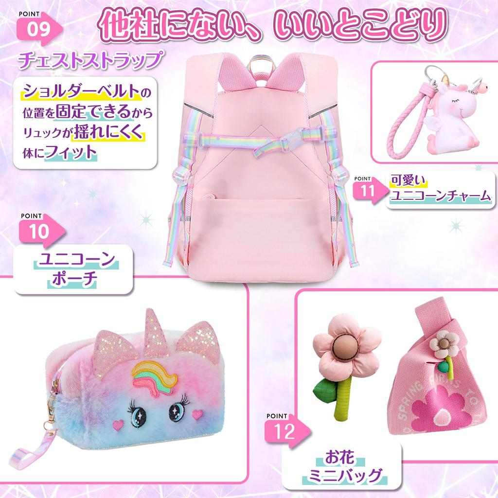 Fortulux Unicorn Backpack for Girls and Mini Suitable for Elementary and Upper Grades Kids' (Includes Charm, Pouch, Bag) - Waterproof, 20L/30L