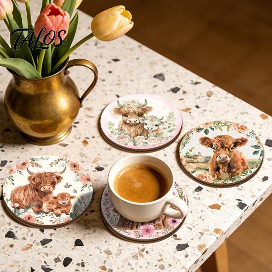 Heat Resistant Cork Cup Mats Highland Cow Coasters, Cute Floral Farmhouse Drink with Vintage Flower Print Holders Non-Slip Base, Table Protector