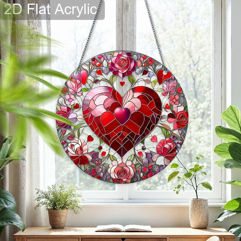 Acrylic Heart & Roses Suncatcher, Stained Glass Effect Window Hanging Ornament for Love & Valentine's Day Lover Gifts