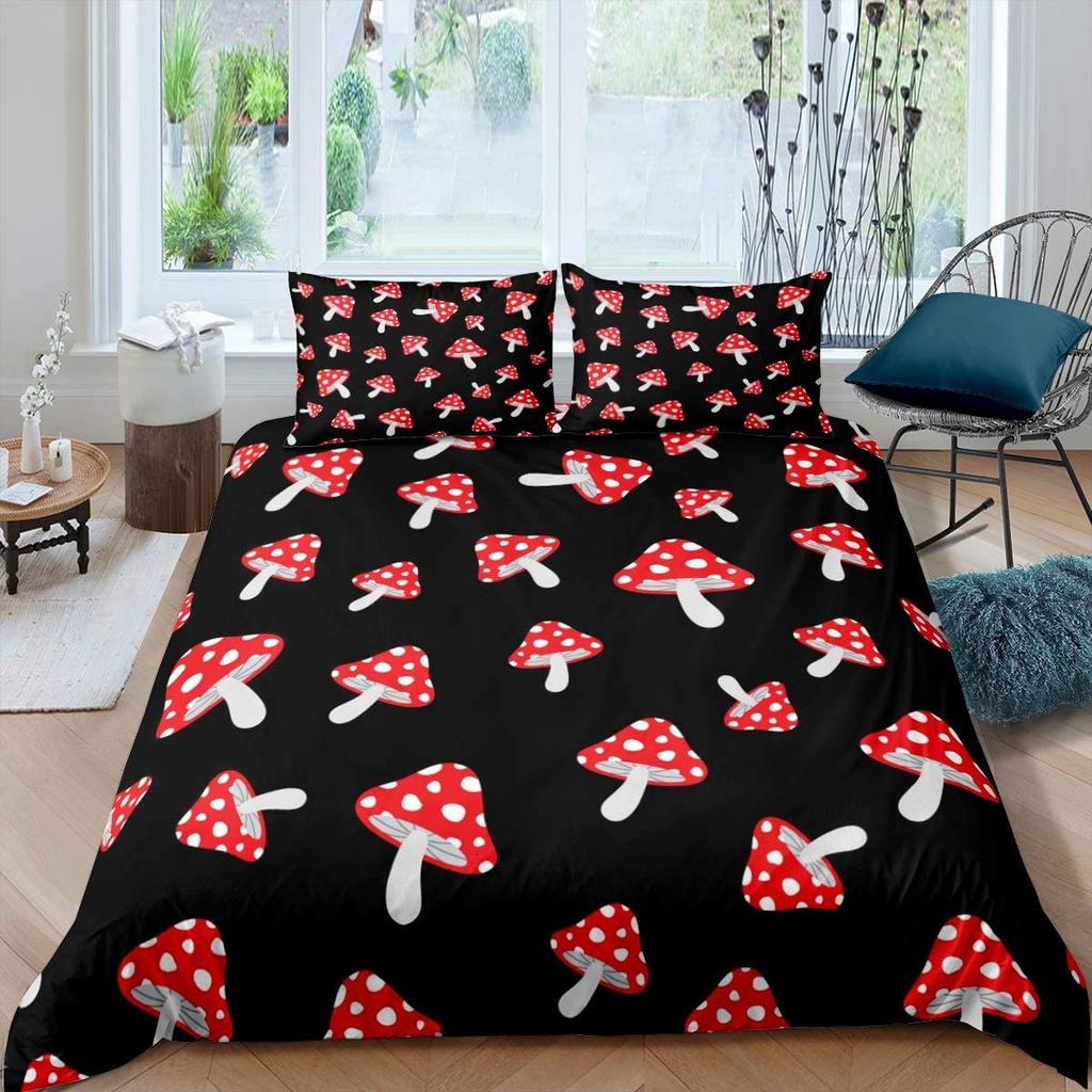 Wild Mushroom Duvet Cover Set Burgundy Plant Bedding Set For Kids Comforter Cover Soft Polyester King Queen Size With Pillowcase