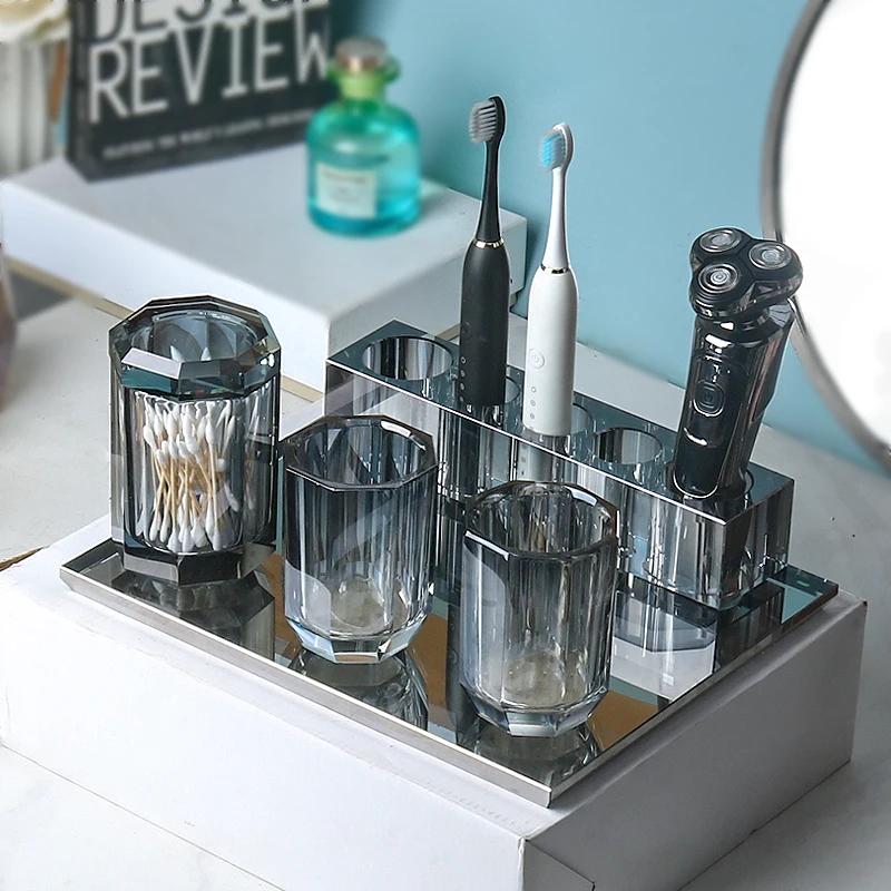 European Grey Crystal Glass Lotion Bottle Mouthwash Cup Toothbrush Shelf Bathroom Accessories Luxury Crystal Toothbrush Shelf