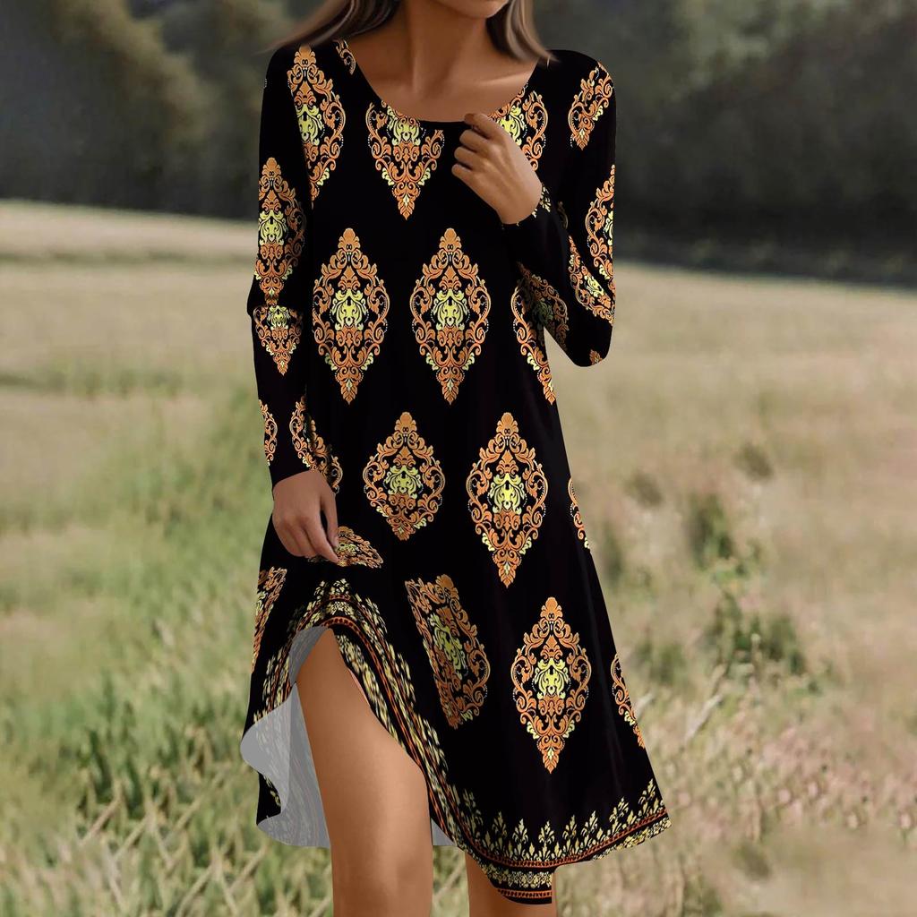 Langärmeliges Kleid für Damen Lässiges Locker sitzendes Druckkleid mit Taschen