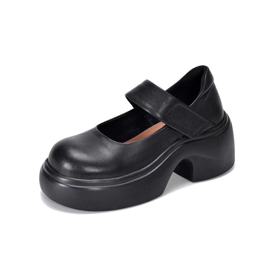 Johnature Thick Soled High Heels Pumps Genuine Leather Round Toe Thick Heel Women's Platform Shoes