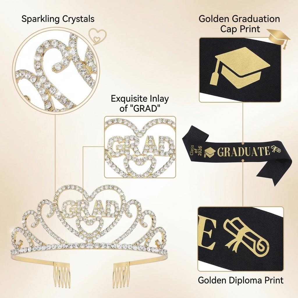 New Model Graduation Party Set - Crown Shoulder Strap 2-piece Set - Alloy Rhinestone Letter Headpiece