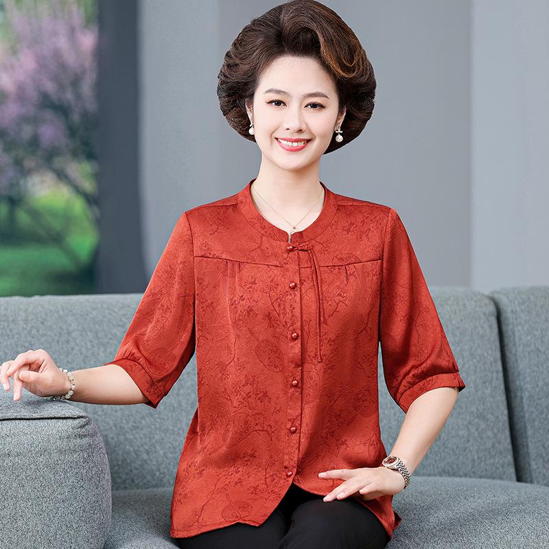 

Mom s Mid-Sleeve Red Silk Top - Summer Loose Fit, Chinese Style for Middle-Aged & Elderly Women 3XL (recommended 120-135 jin)