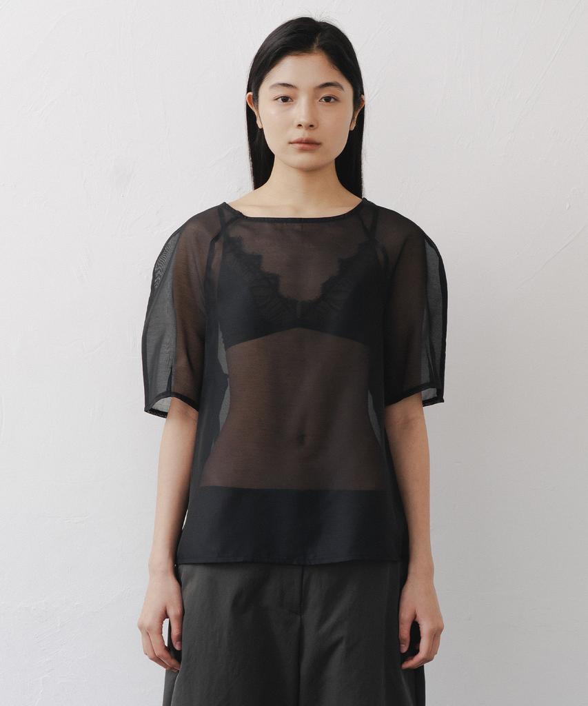 AFTERGLOWOOL Sheer Half Sleeve Blouse-Black
