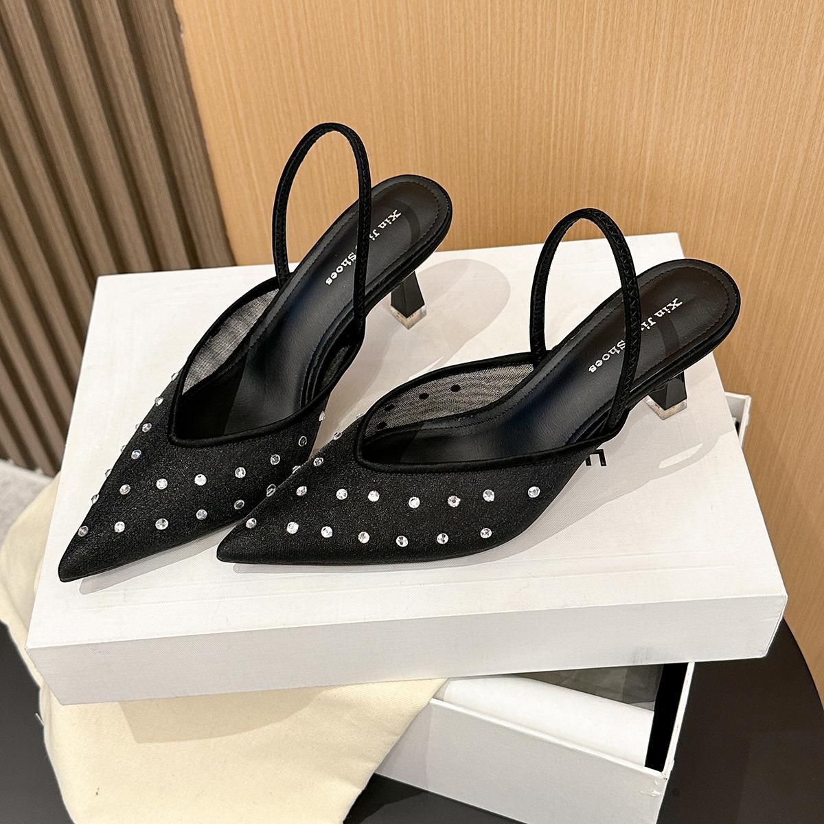 

699-309 Versatile rhinestone mesh yarn temperament pointed single shoes new shallow mouth fashion breathable thin heel empty shoes 35 чёрный