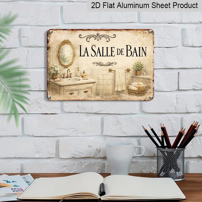 2D Flat Vintage French Bathroom Decor Sign Measuring 11.81X7.87 Inches | Wall Art for Bathroom Vanities, Rustic Style Metal Art Sign, Suitable for