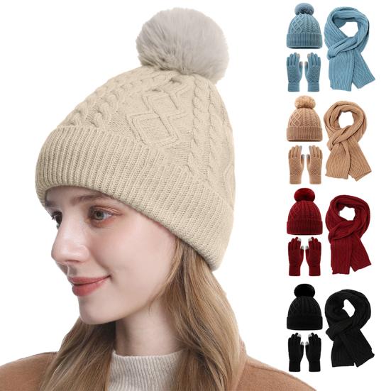 3Pcs/Set Women Hat Scarf Gloves Set Plush Ball Decor Brimless Hat Long Scarf Touch Screen Gloves Set Winter Accessories